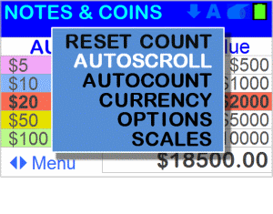 Note and coin money counter - Main menu